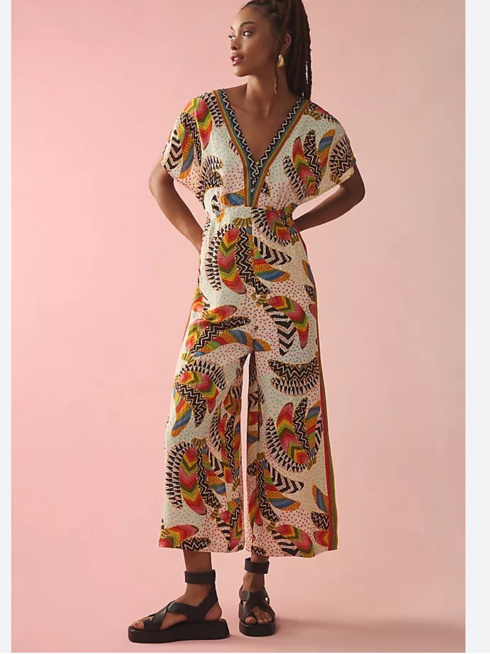 FARM Rio Multi-Color Banana Bunch Linen Blend V-Neck Jumpsuit size xs